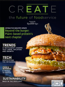 Cover of Create, the mid-year issue of Nation's Restaurant News.  Cover photo of an alt protein filet sandwich.