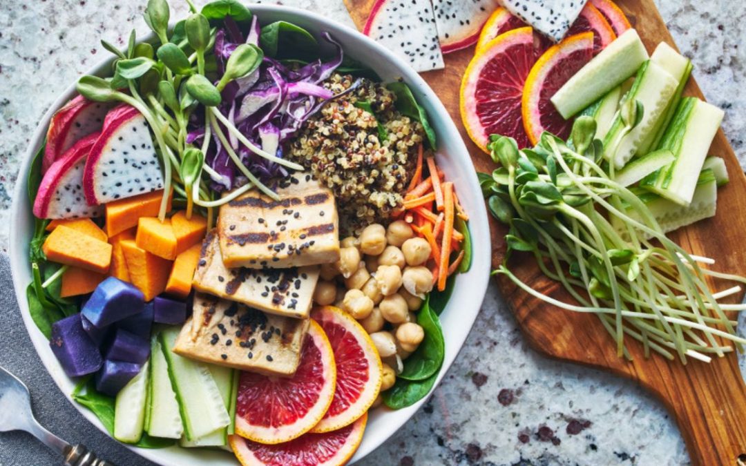 Buddha bowl of dragon fruit, grilled tofu and other healthy foods