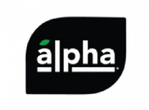 Modern alpha logo with a leaf, symbolizing growth and sustainability on a black background.