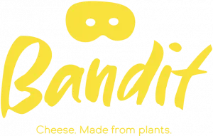 Bandit logo for plant-based cheese, featuring playful design and vibrant colors.