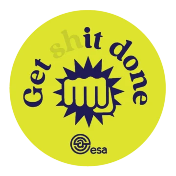 Bold fist graphic on yellow background with Get shit done text for motivation and productivity.