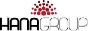 HANA Group logo featuring dynamic red circles and bold black typography for modern branding.