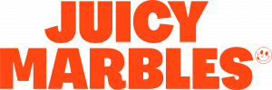 Bold Juicy Marbles logo in orange and black, symbolizing vibrancy and freshness in snacks.