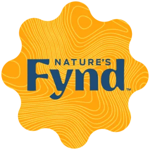 Nature’s Fynd logo featuring vibrant orange splash design with bold blue text for sustainability.