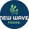 New Wave Foods logo showcasing plant-based sustainability with a modern design on a blue background.