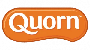 Quorn logo on orange background, showcasing plant-based meat alternatives for healthy eating.