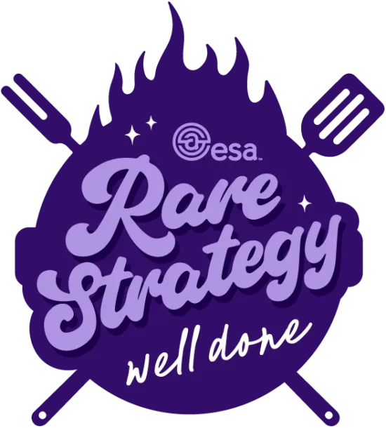 Bold Rare Strategy logo with playful typography and culinary themes of grilling and cooking.