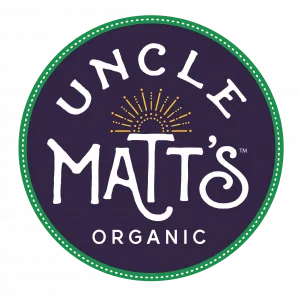 Uncle Matts Organic logo featuring vibrant purple, sunburst design, and commitment to organic products.